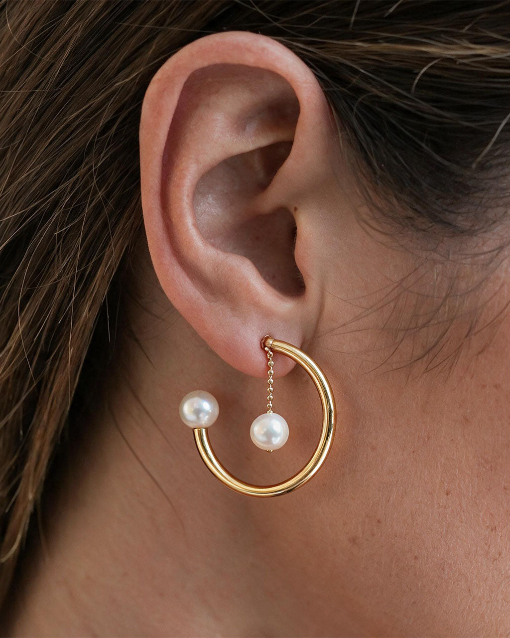Double Pearl Open C Hoop Waterproof Gold Earrings
