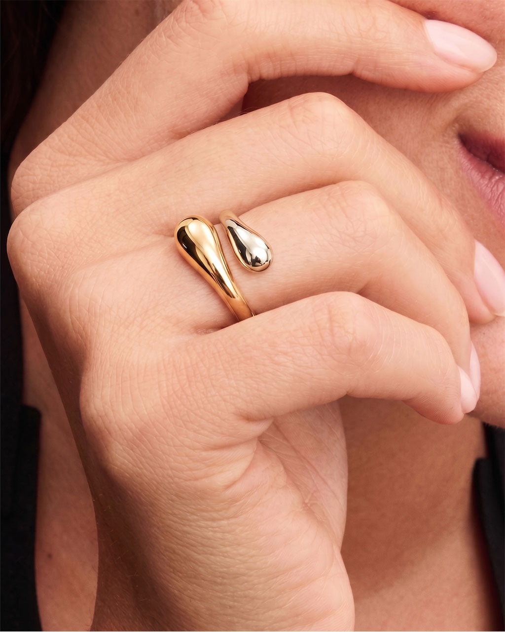 Double Teardrop Waterproof Gold Open Bypass Ring