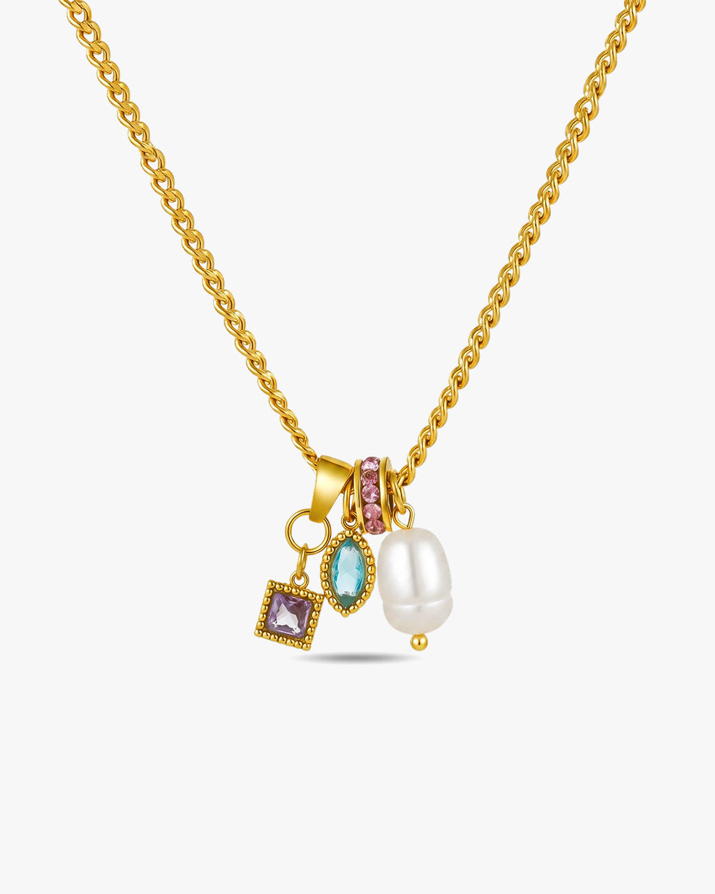 Eclectic Pearl Gem Charm Waterproof Gold Necklace