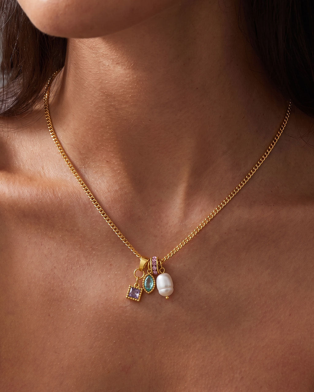 Eclectic Pearl Gem Charm Waterproof Gold Necklace