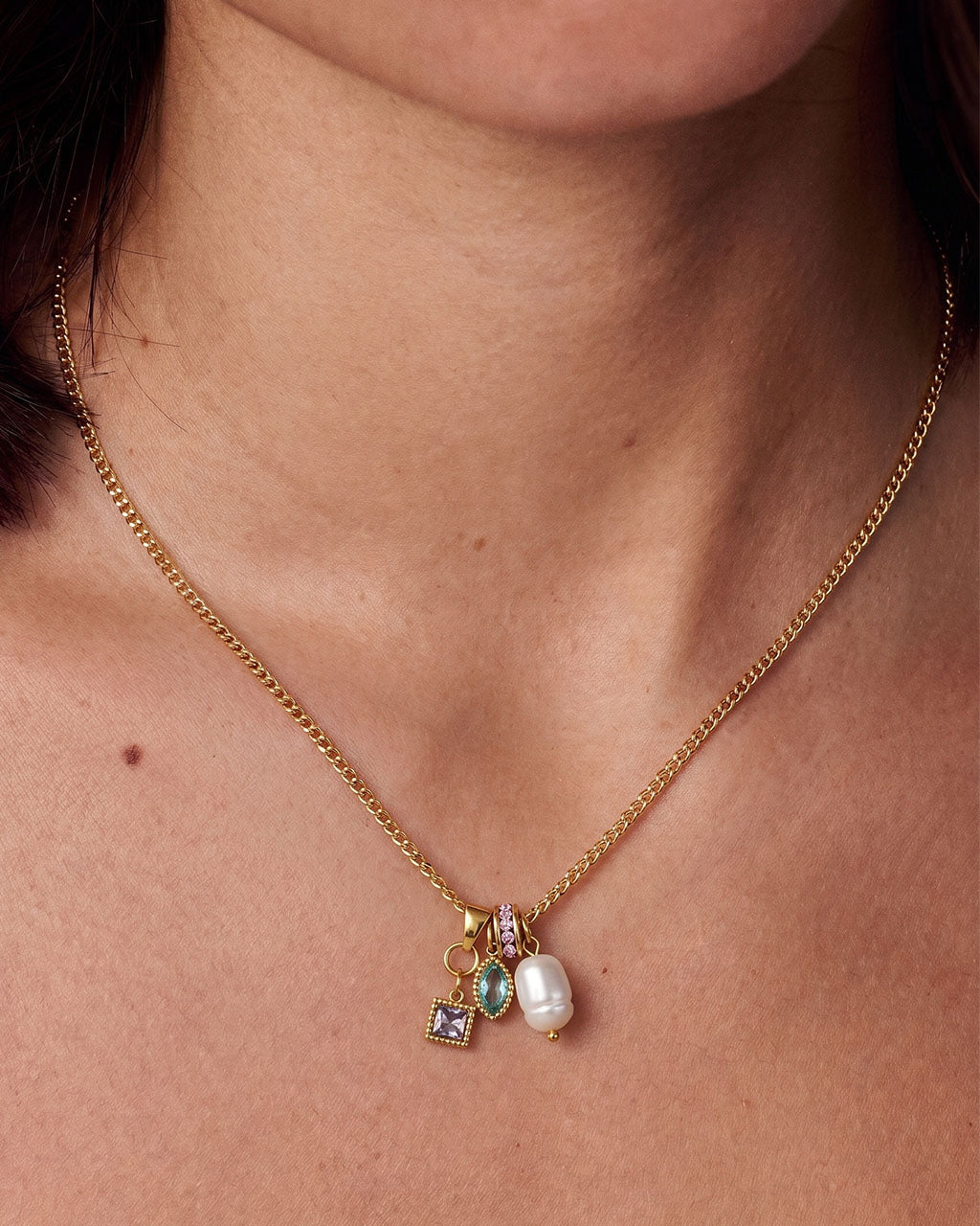 Eclectic Pearl Gem Charm Waterproof Gold Necklace