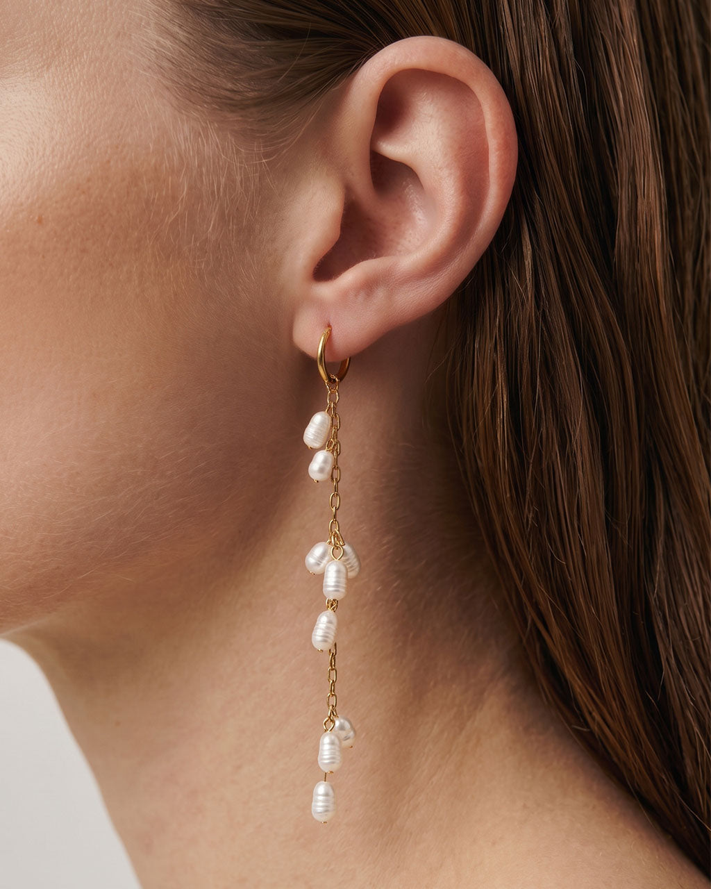 Elegant Pearl Chain Hoop Waterproof Gold Earrings