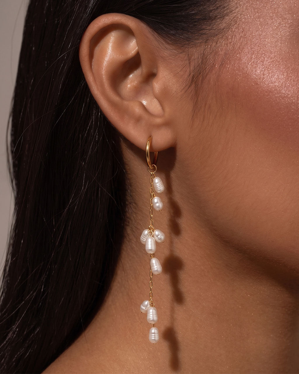 Elegant Pearl Chain Hoop Waterproof Gold Earrings
