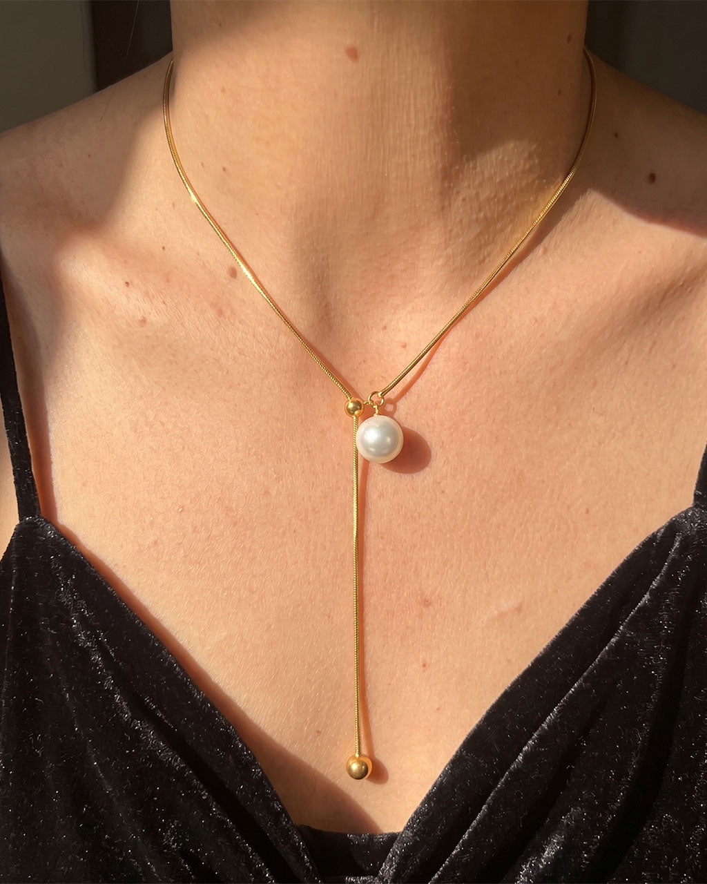 Elegant Pearl Drop Y Lariat Waterproof Gold Necklace
