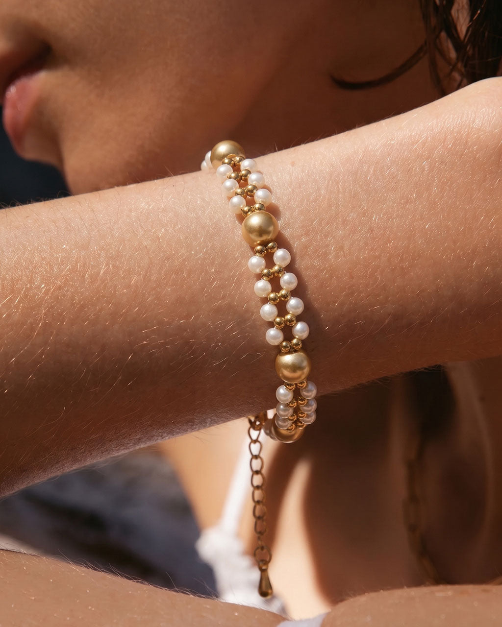 Elegant Pearl Layered Beaded Waterproof Gold Bracelet