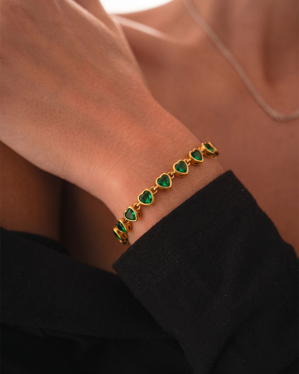 Emerald Heart Stone Tennis Waterproof Gold Bracelet