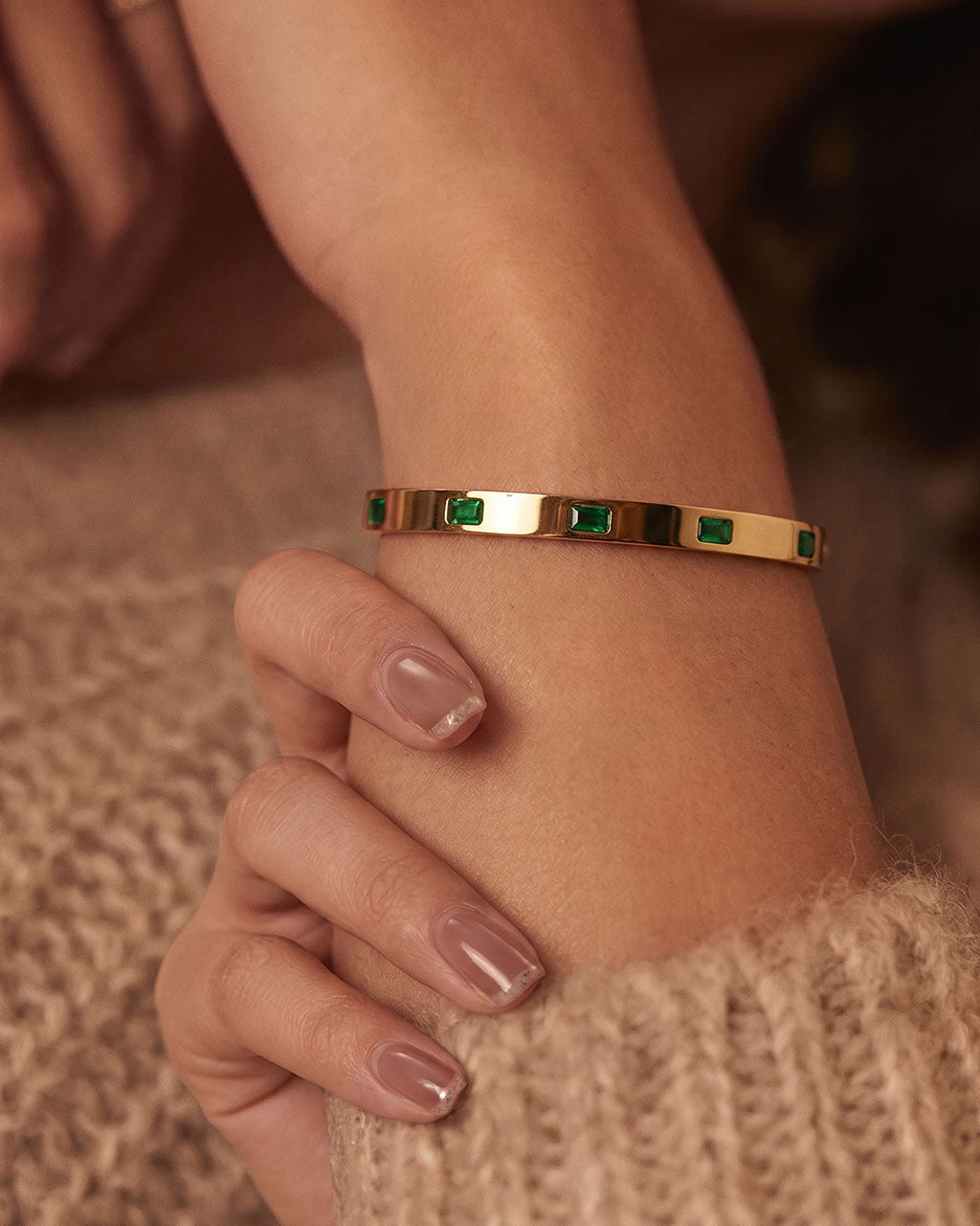 Emerald Five Stone Station Waterproof Gold Bangle