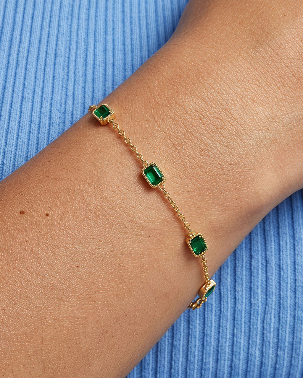 Emerald Five Stone Station Waterproof Gold Bracelet