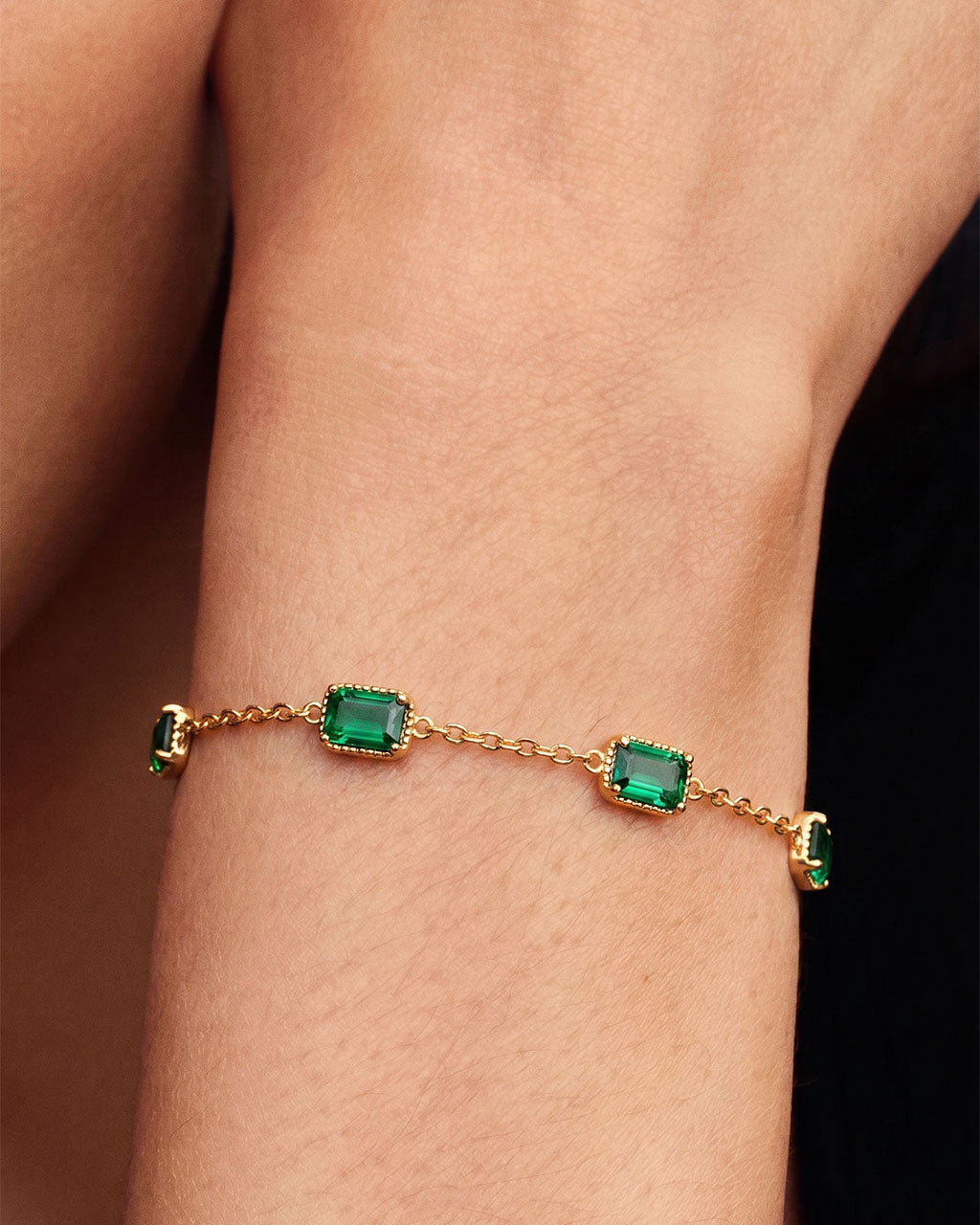 Emerald Five Stone Station Waterproof Gold Bracelet