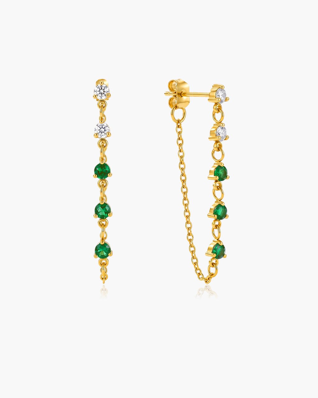 Emerald Stone Chain Drop Stud Waterproof Gold Earrings