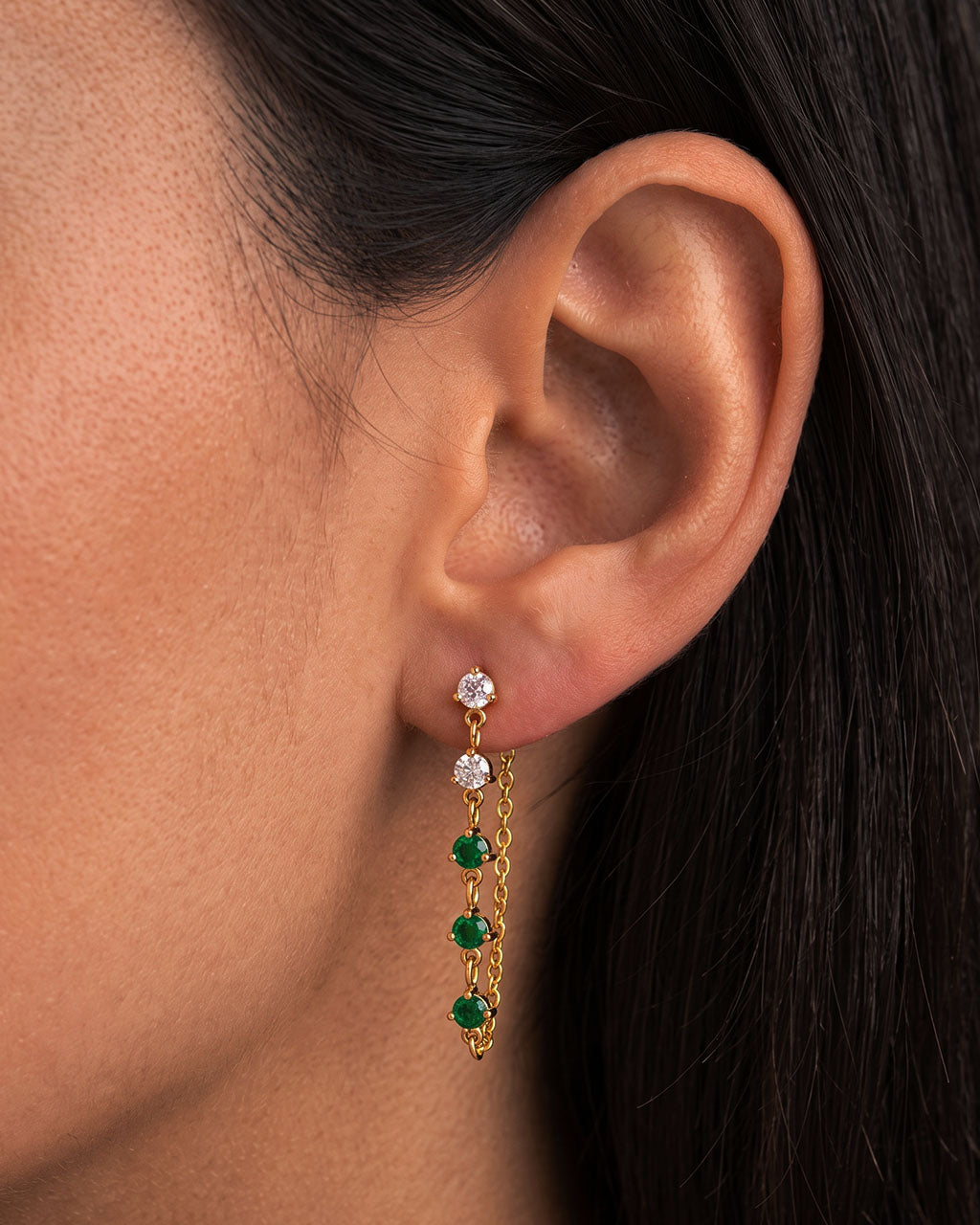 Emerald Stone Chain Drop Stud Waterproof Gold Earrings