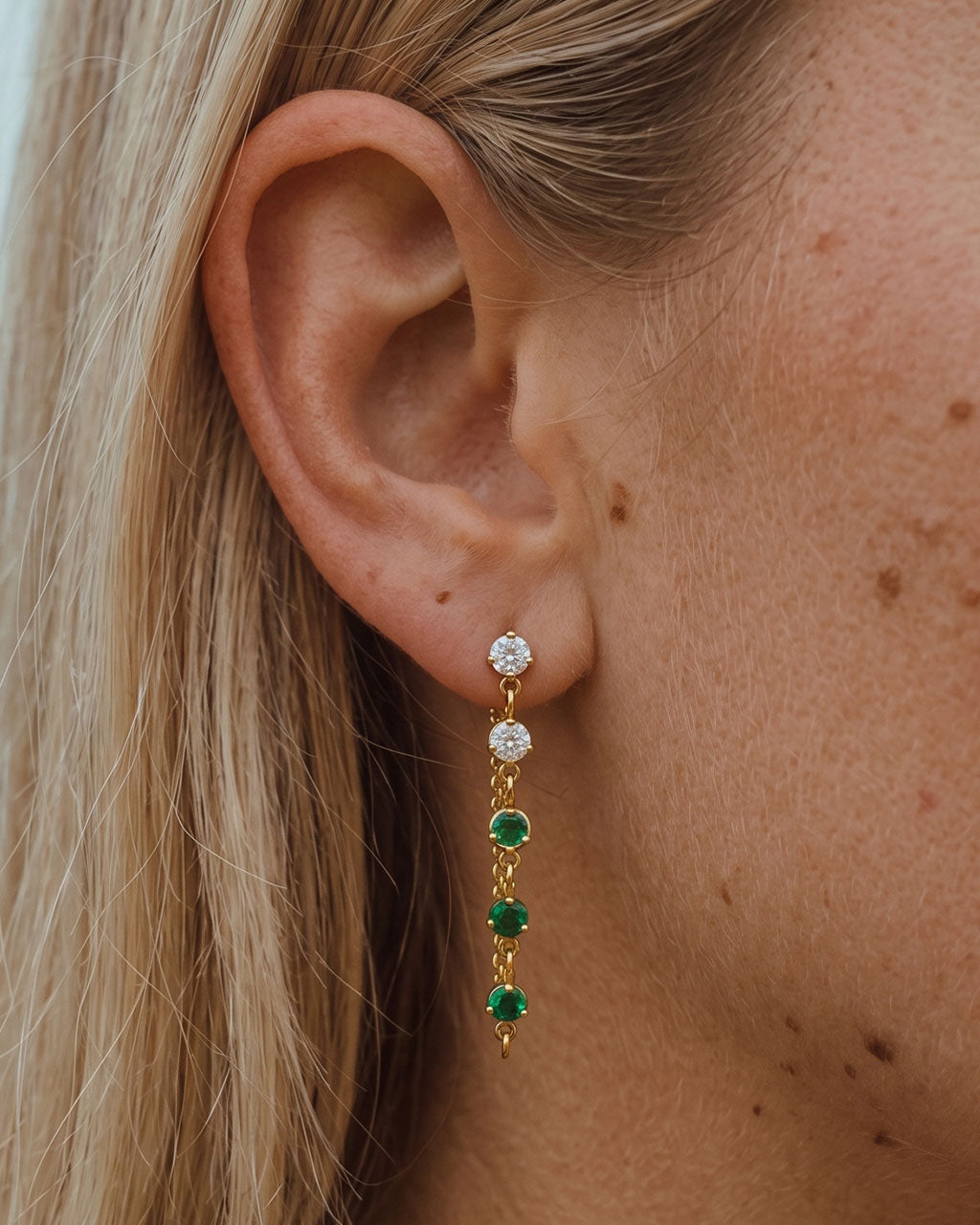 Emerald Stone Chain Drop Stud Waterproof Gold Earrings