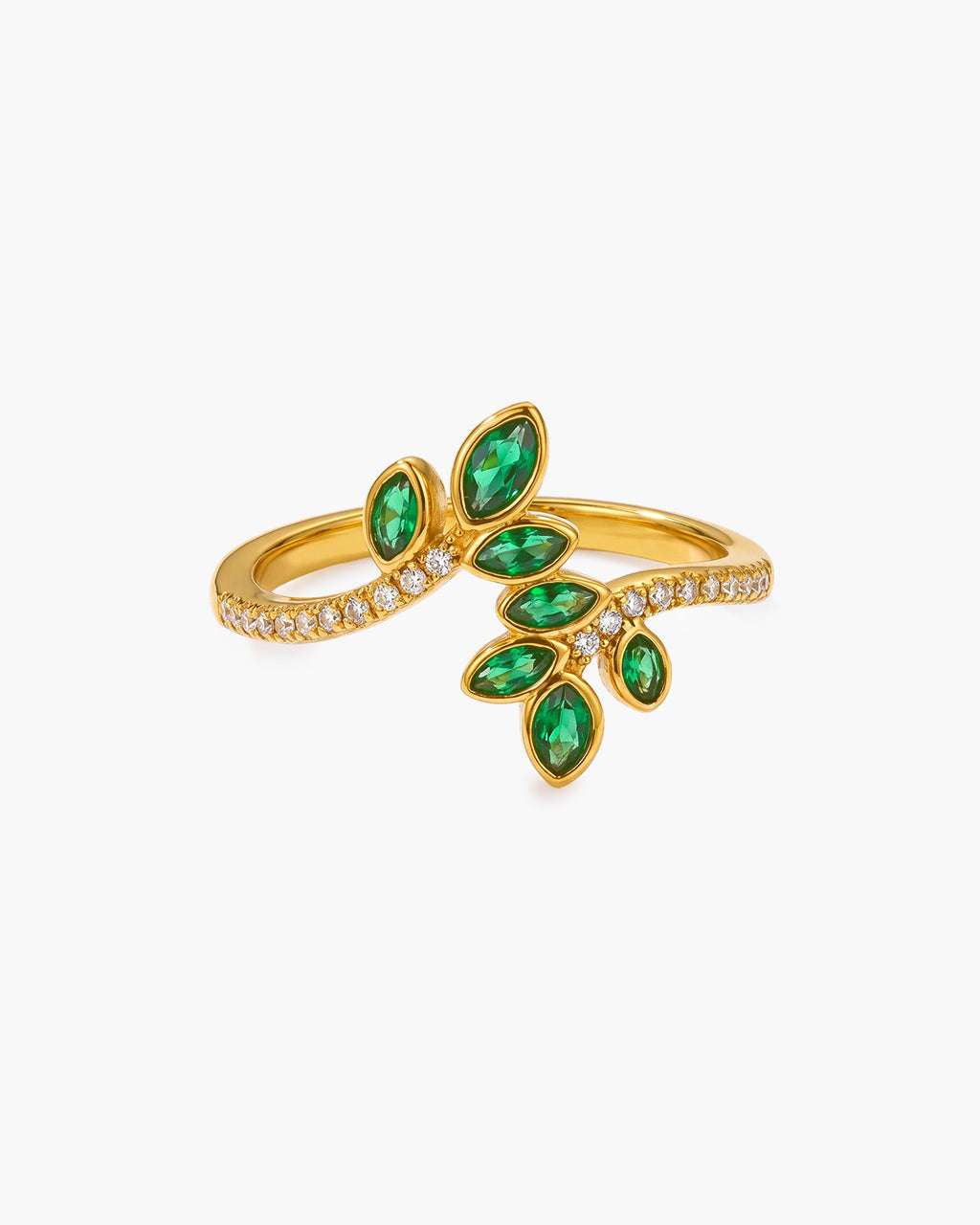 Emerald Stone Leaf Branch Wrap Waterproof Gold Ring