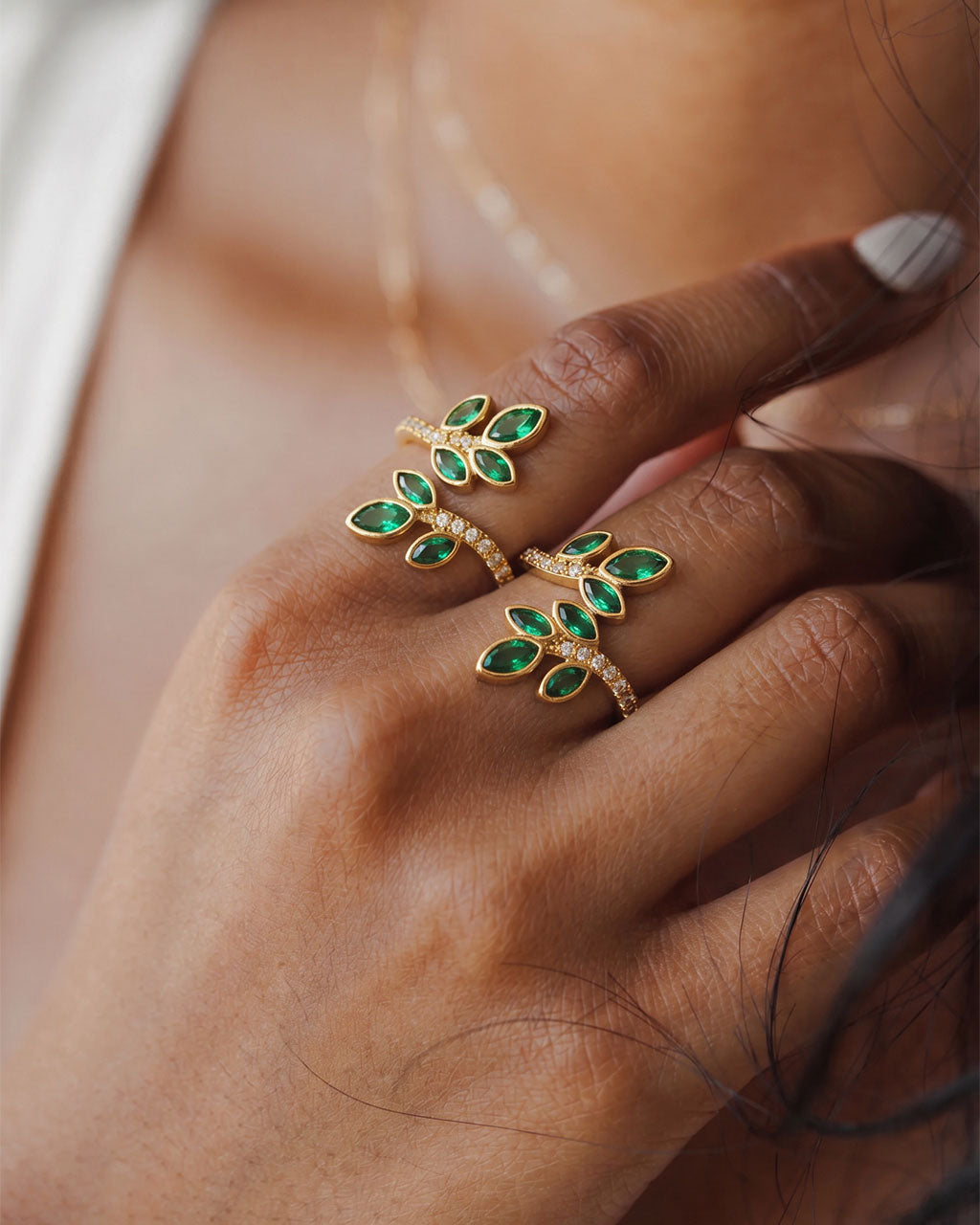 Emerald Stone Leaf Branch Wrap Waterproof Gold Ring