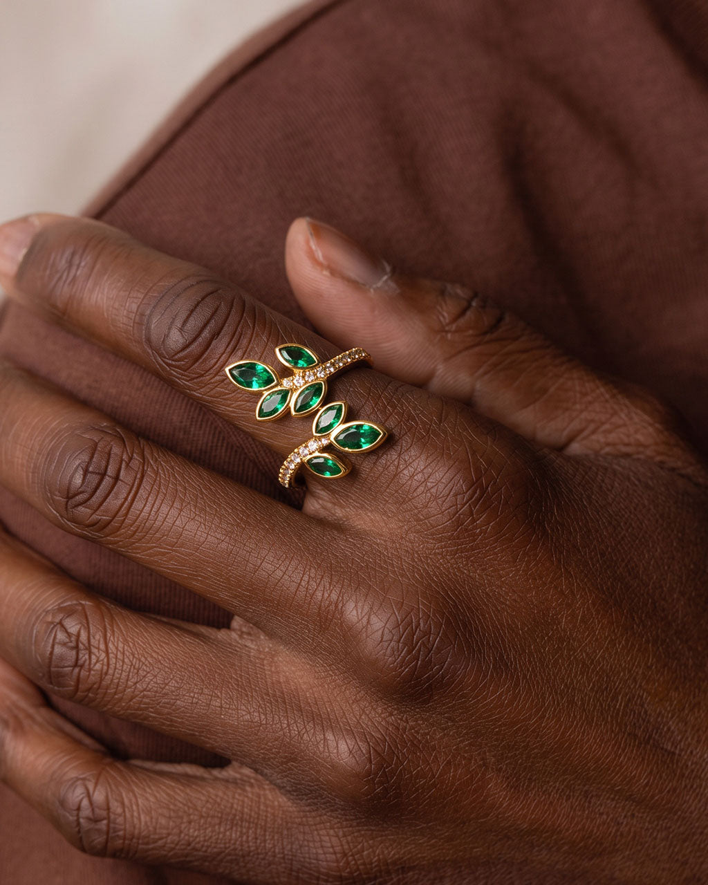 Emerald Stone Leaf Branch Wrap Waterproof Gold Ring