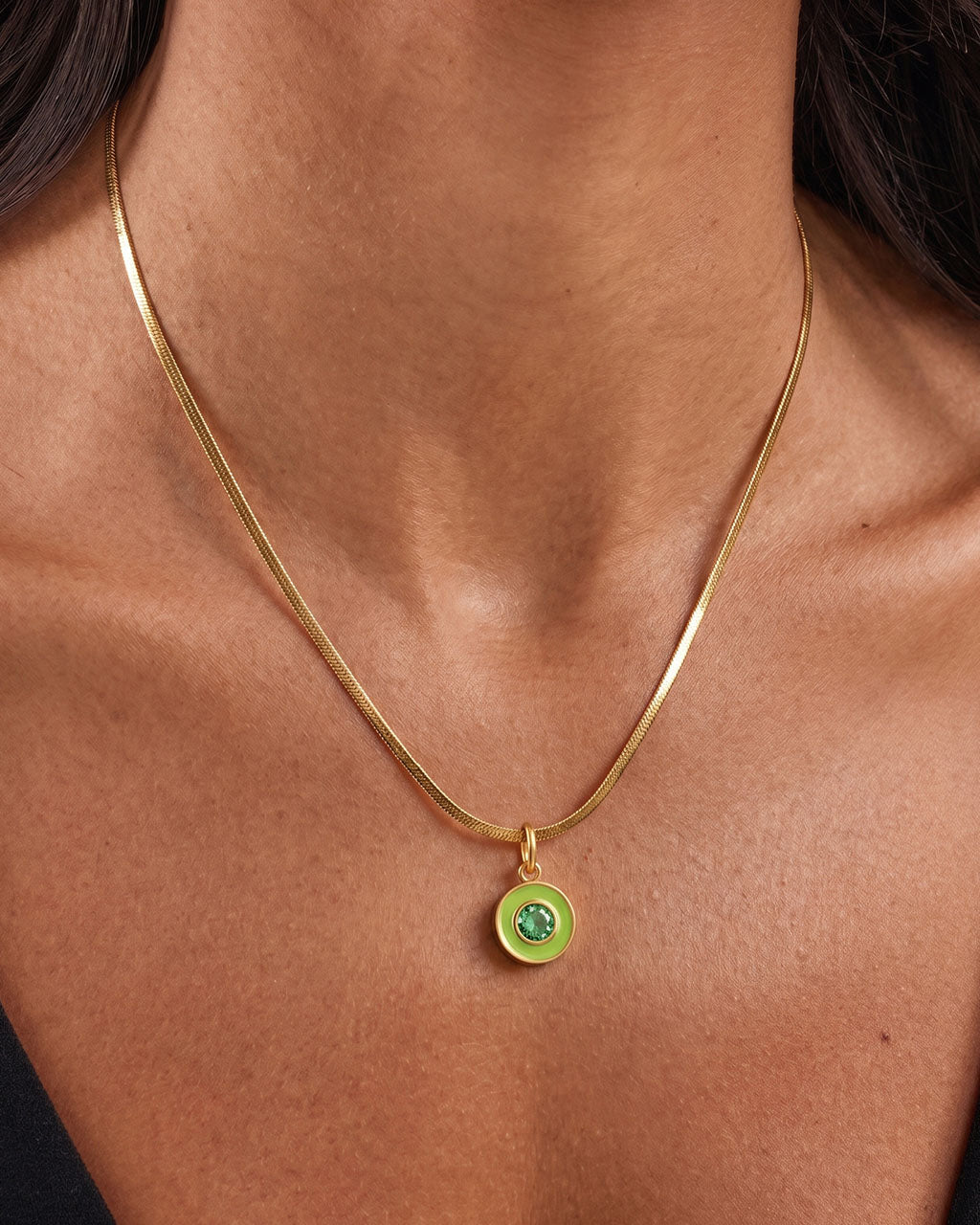 Enamel Gemstone Herringbone Waterproof Gold Necklace