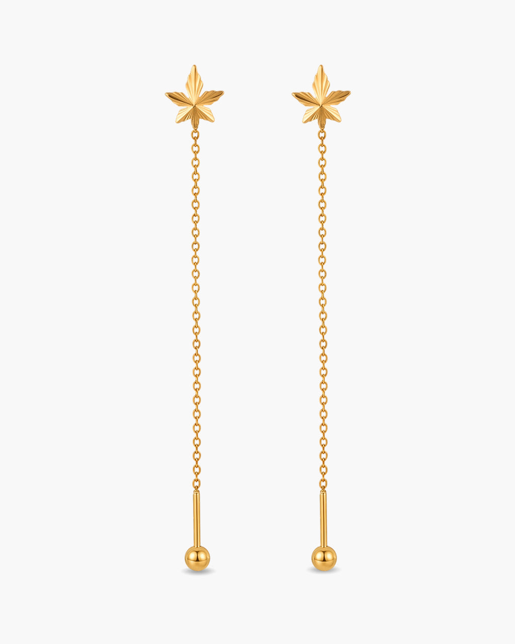Etched Maple Leaf Threader Waterproof Gold Earrings