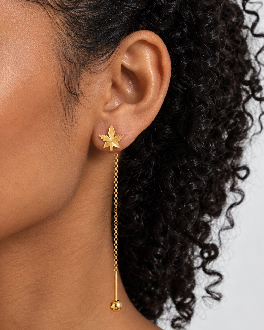 Etched Maple Leaf Threader Waterproof Gold Earrings