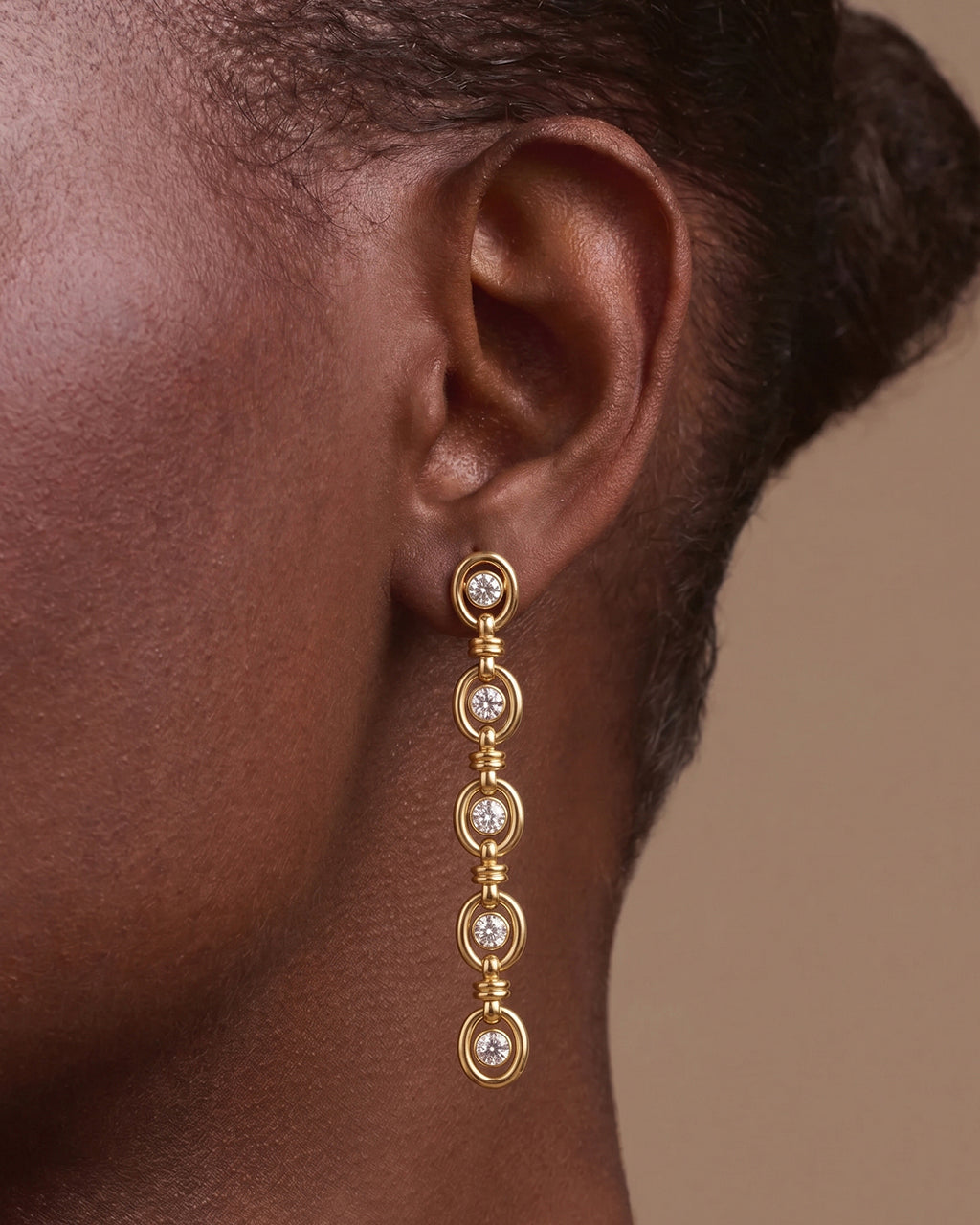 Five Stone Linked Drop Stud Waterproof Gold Earrings
