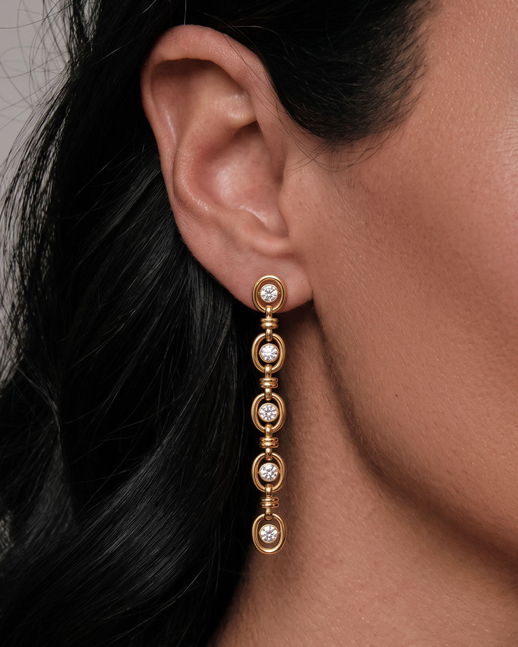 Five Stone Linked Drop Stud Waterproof Gold Earrings