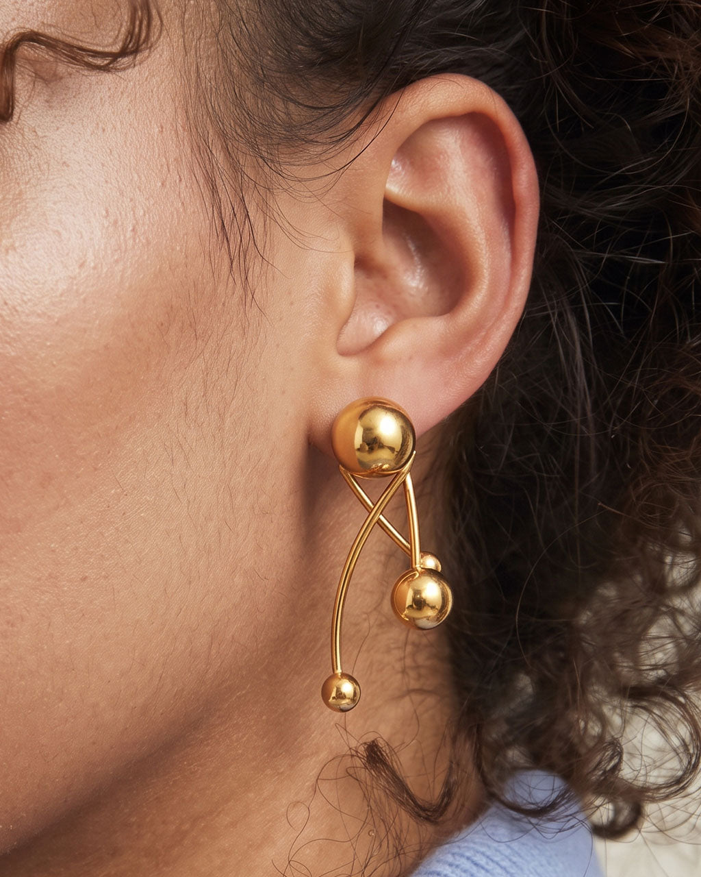 Floating Ball Linear Drop Waterproof Gold Earrings