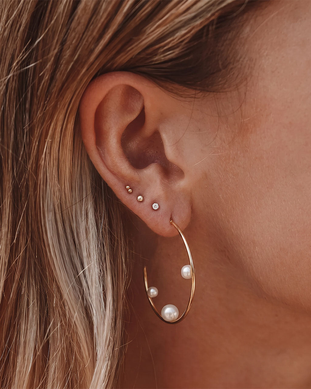 Floating Pearl Large C Hoop Waterproof Gold Earrings