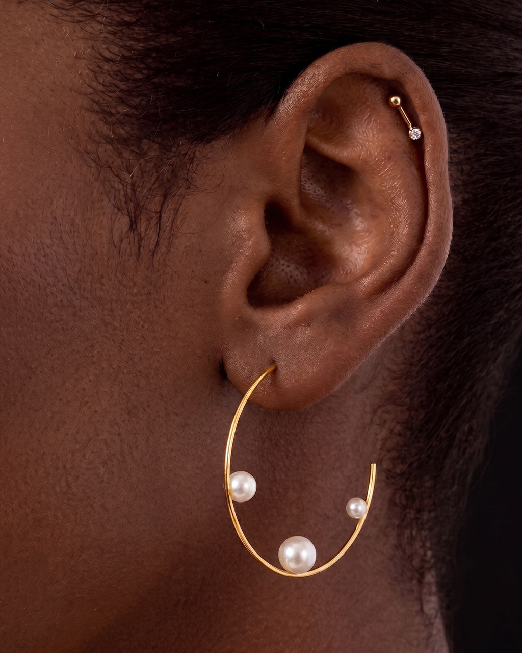 Floating Pearl Large C Hoop Waterproof Gold Earrings