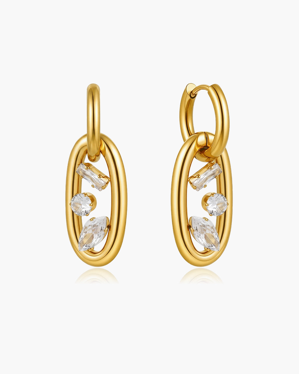 Floating Three Stone Oval Drop Waterproof Gold Earrings