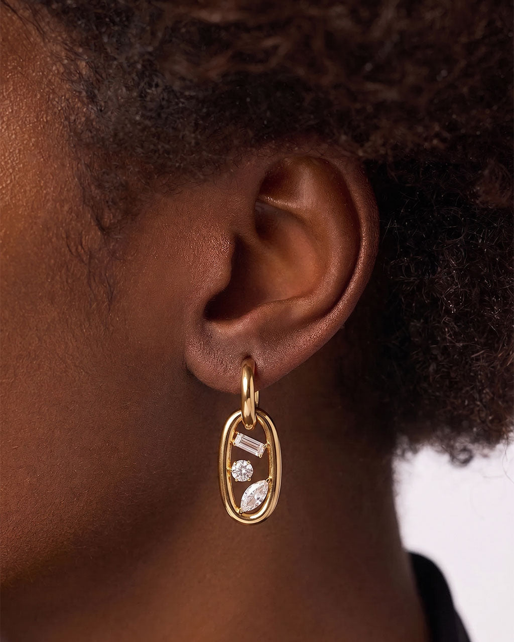 Floating Three Stone Oval Drop Waterproof Gold Earrings