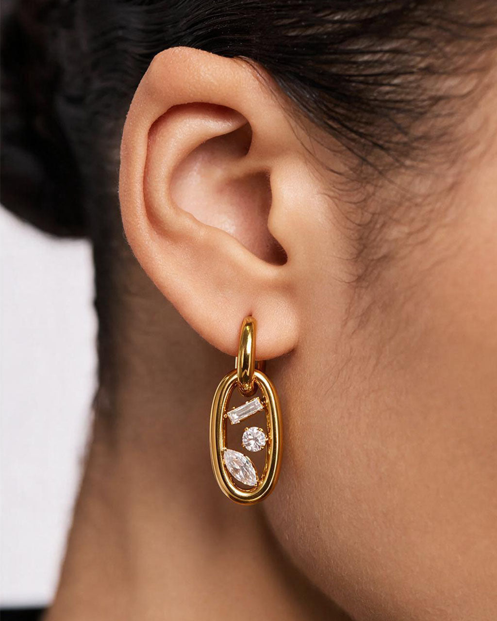 Floating Three Stone Oval Drop Waterproof Gold Earrings