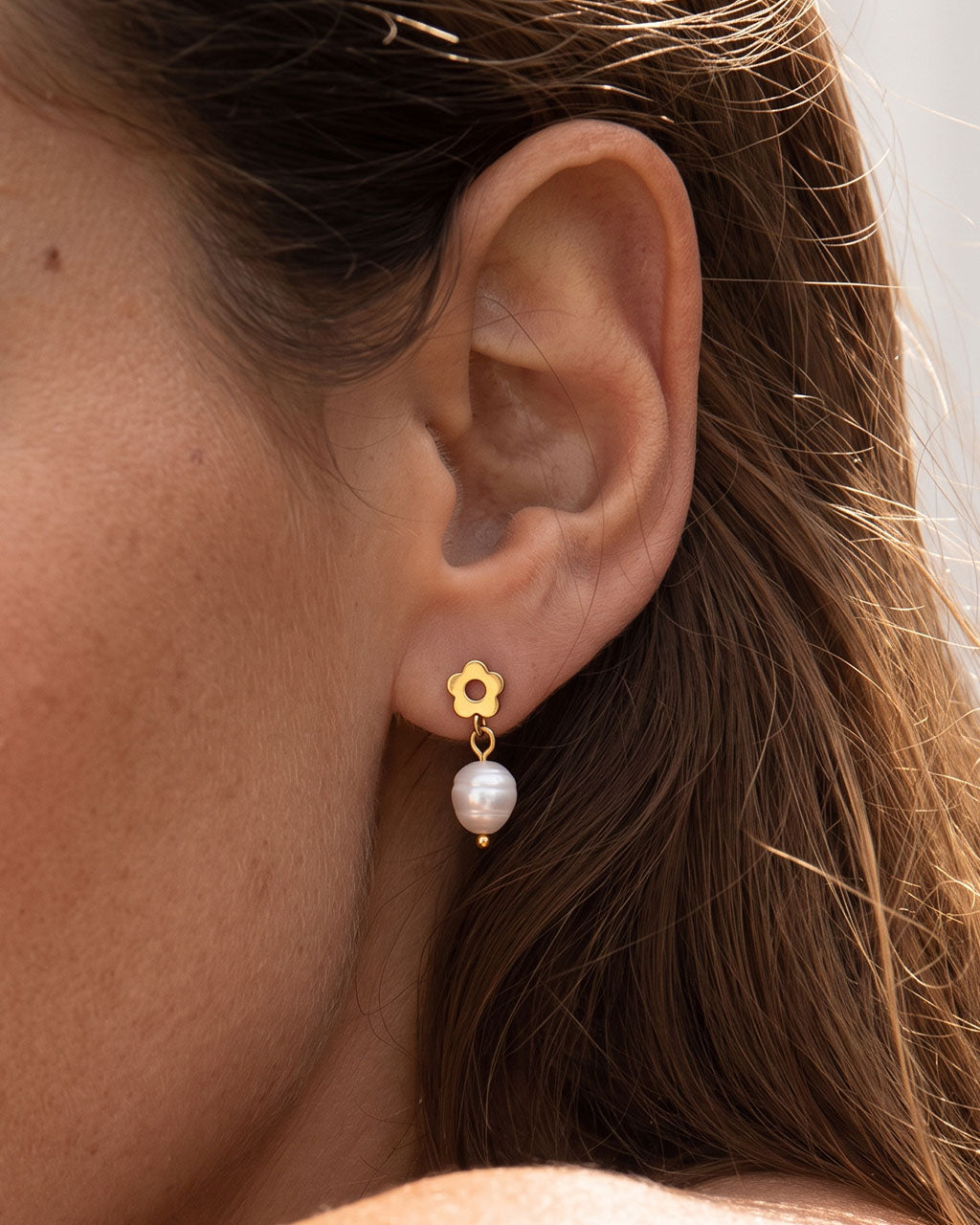 Flower Freshwater Pearl Drop Waterproof Gold Earrings