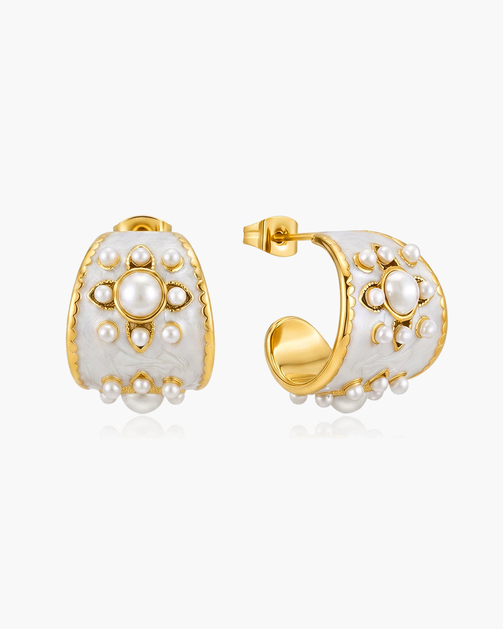 Flower Pearl Enamel C Hoop Waterproof Gold Earrings