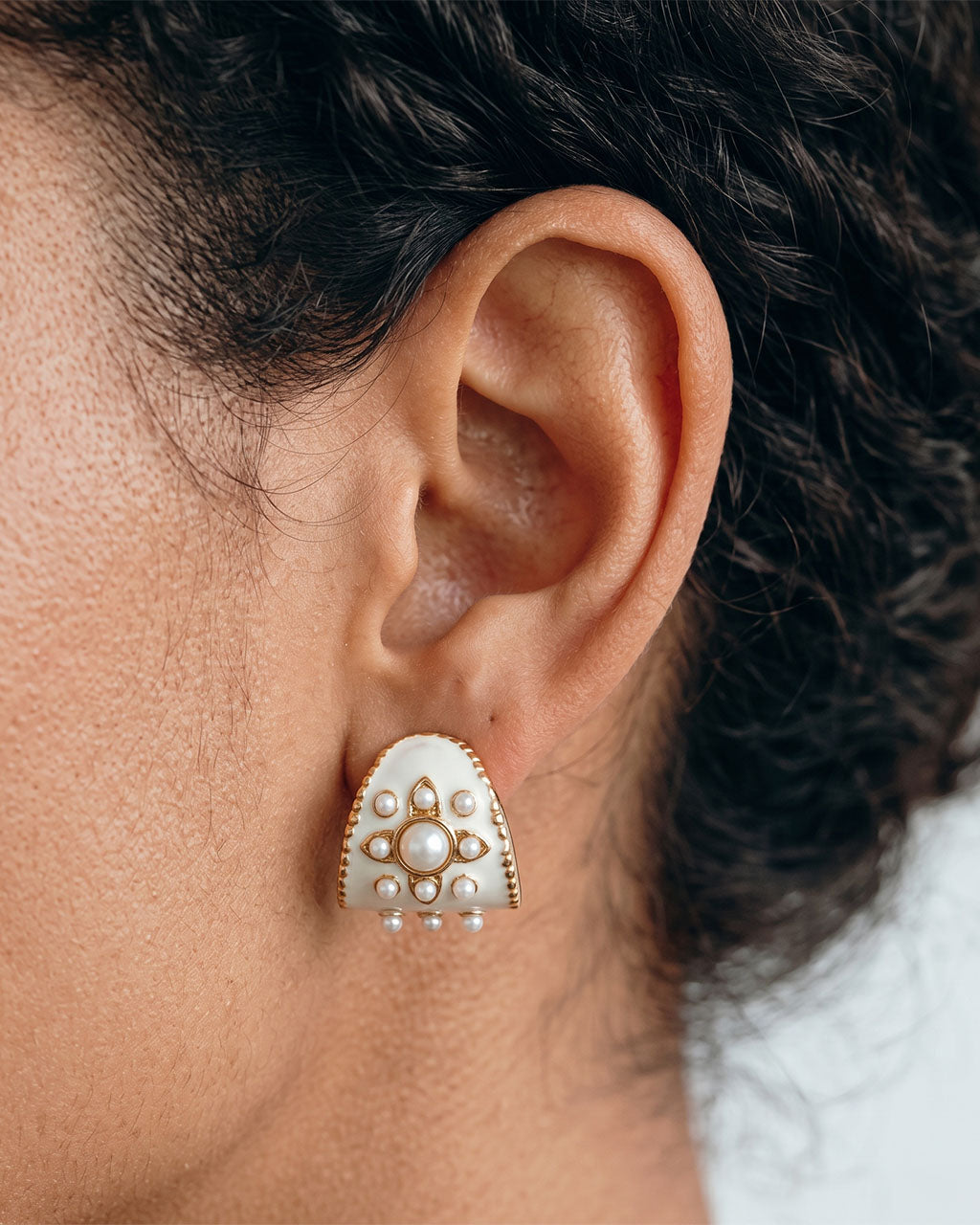 Flower Pearl Enamel C Hoop Waterproof Gold Earrings