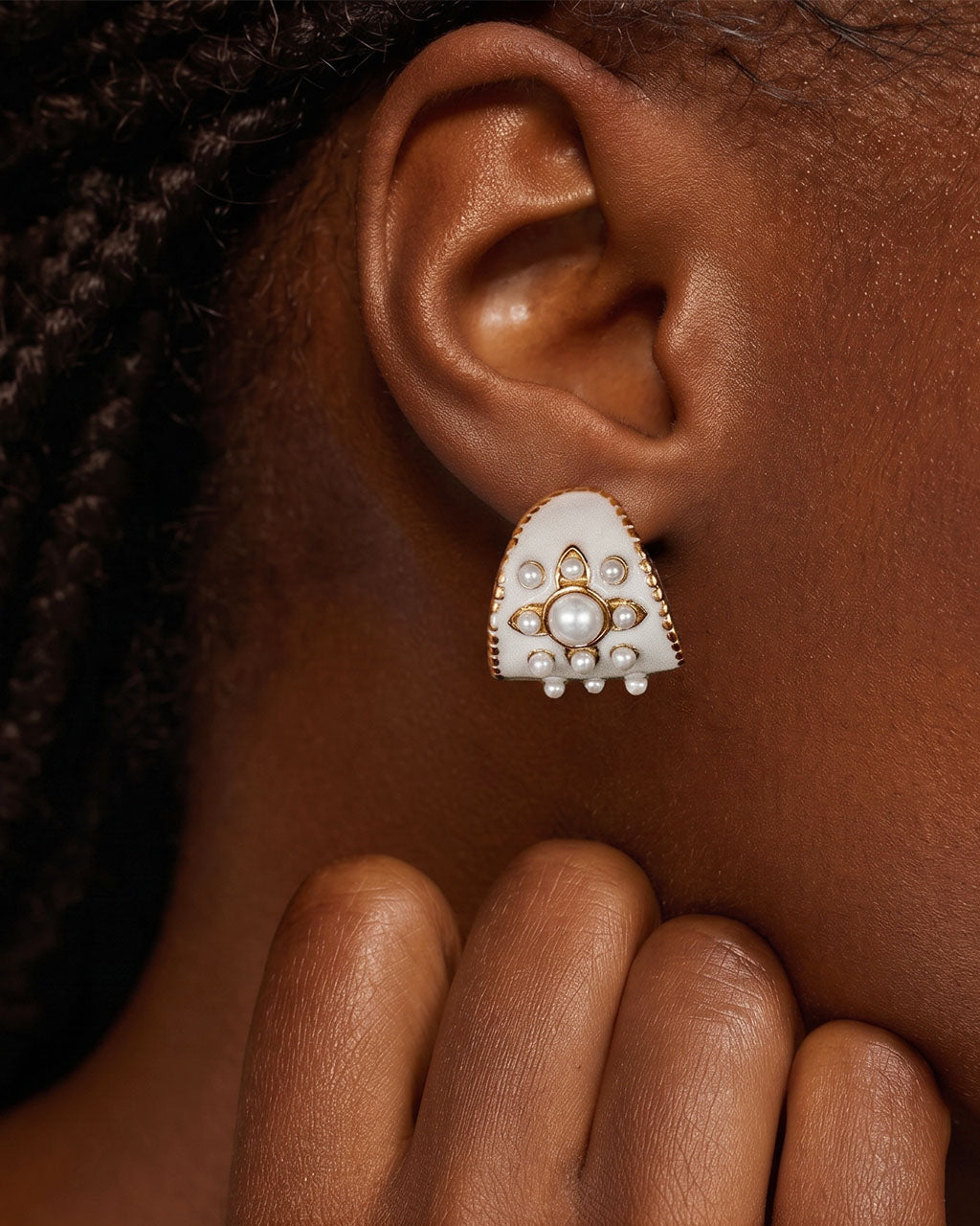 Flower Pearl Enamel C Hoop Waterproof Gold Earrings