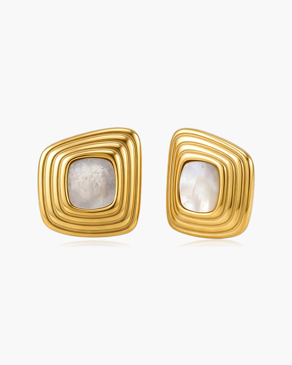Geometric Ribbed Square Stud Waterproof Gold Earrings