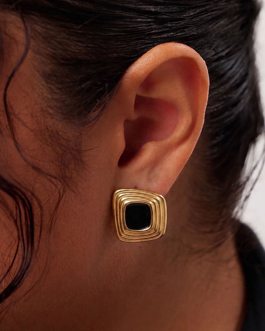 Geometric Ribbed Square Stud Waterproof Gold Earrings