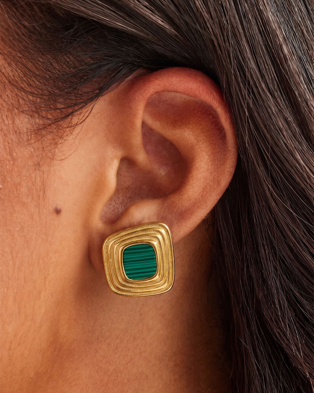 Geometric Ribbed Square Stud Waterproof Gold Earrings