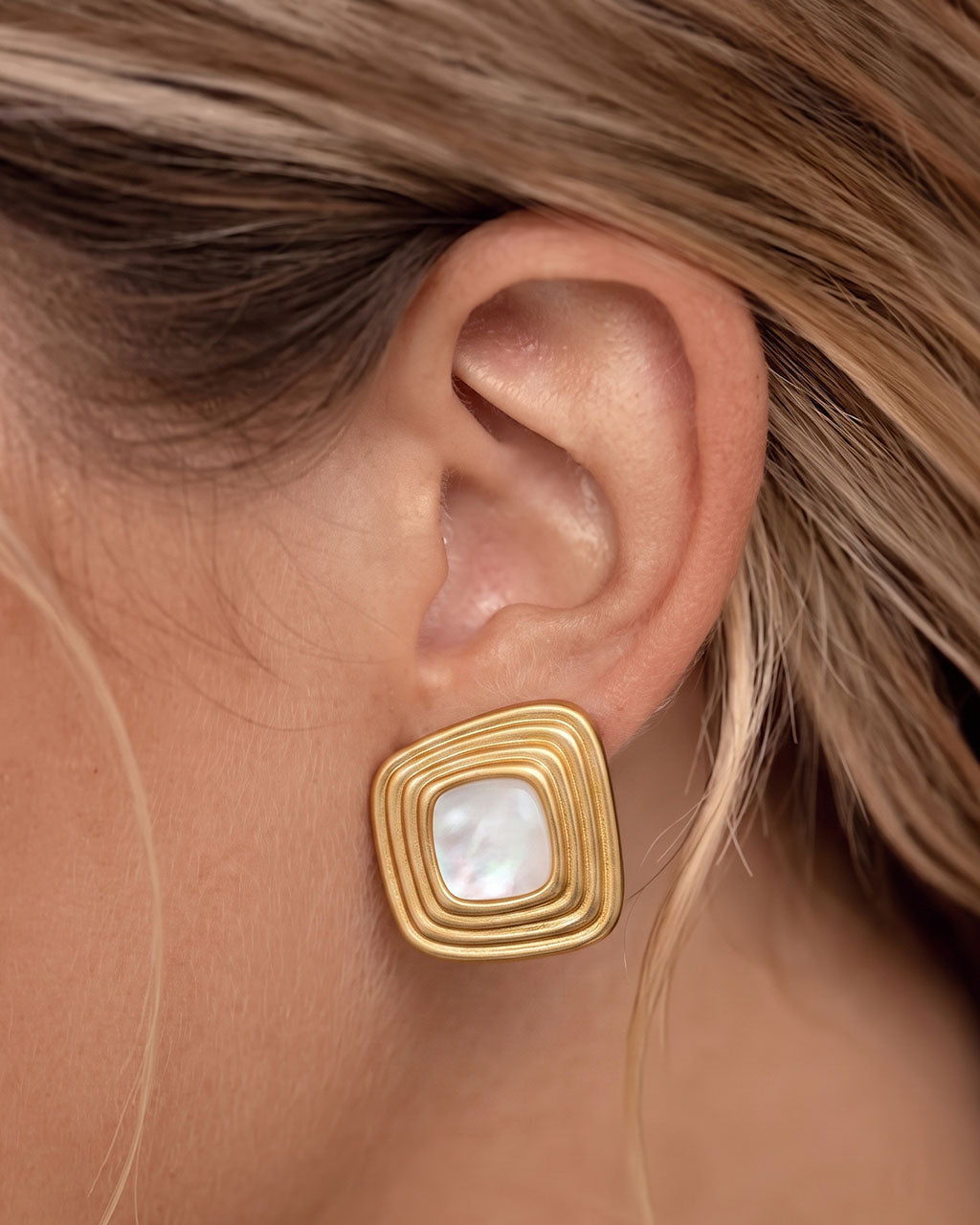 Geometric Ribbed Square Stud Waterproof Gold Earrings