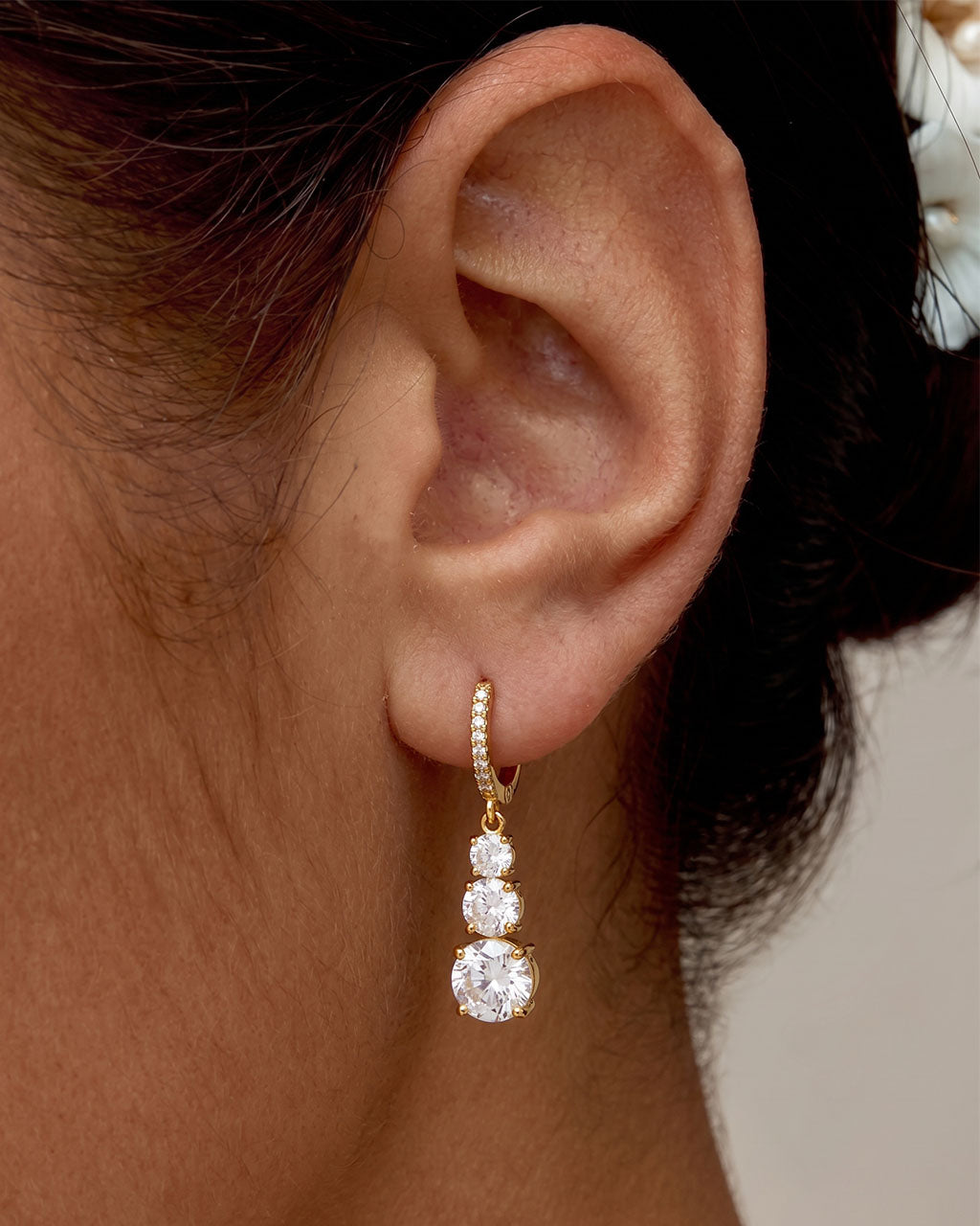 Graduated Three Stone Huggie Waterproof Gold Earrings
