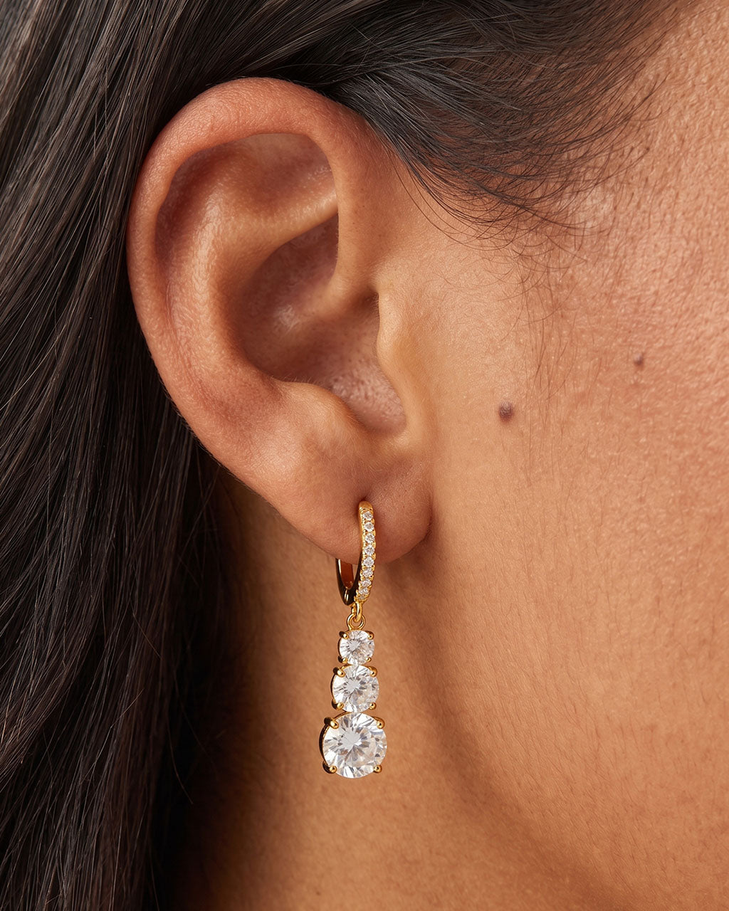 Graduated Three Stone Huggie Waterproof Gold Earrings