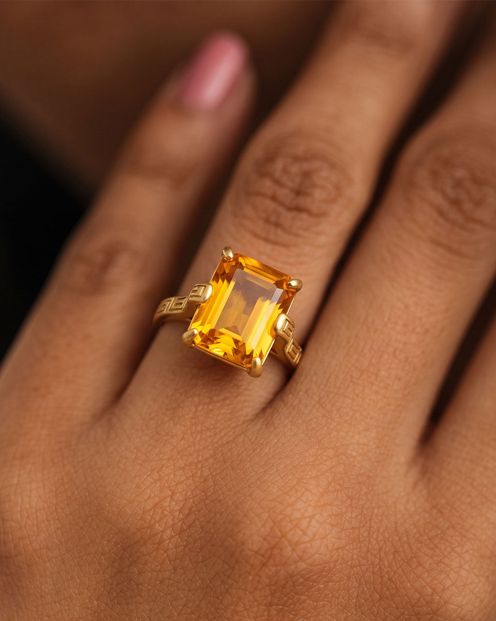 Greek Key Emerald Cut Solitaire Waterproof Gold Ring