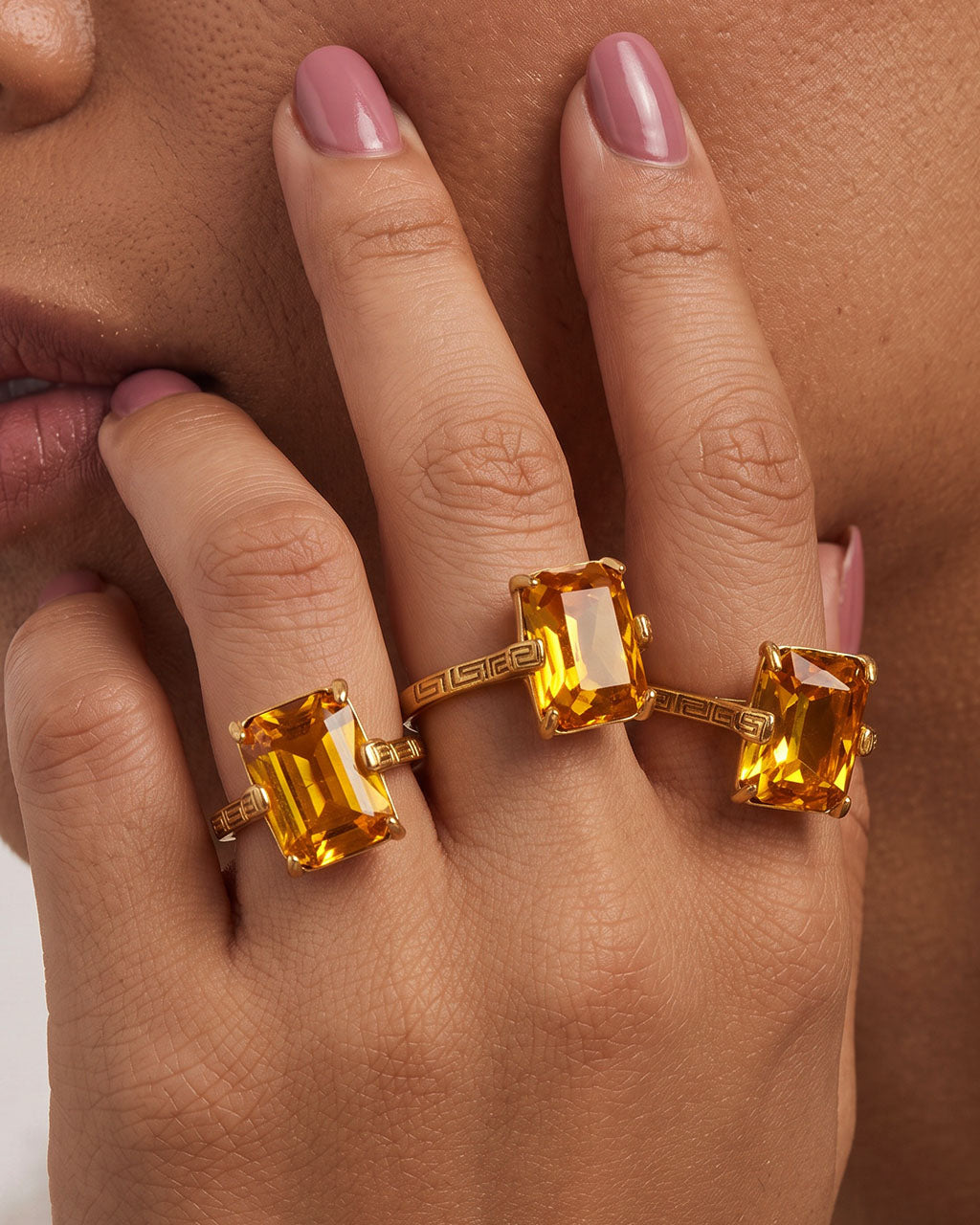 Greek Key Emerald Cut Solitaire Waterproof Gold Ring