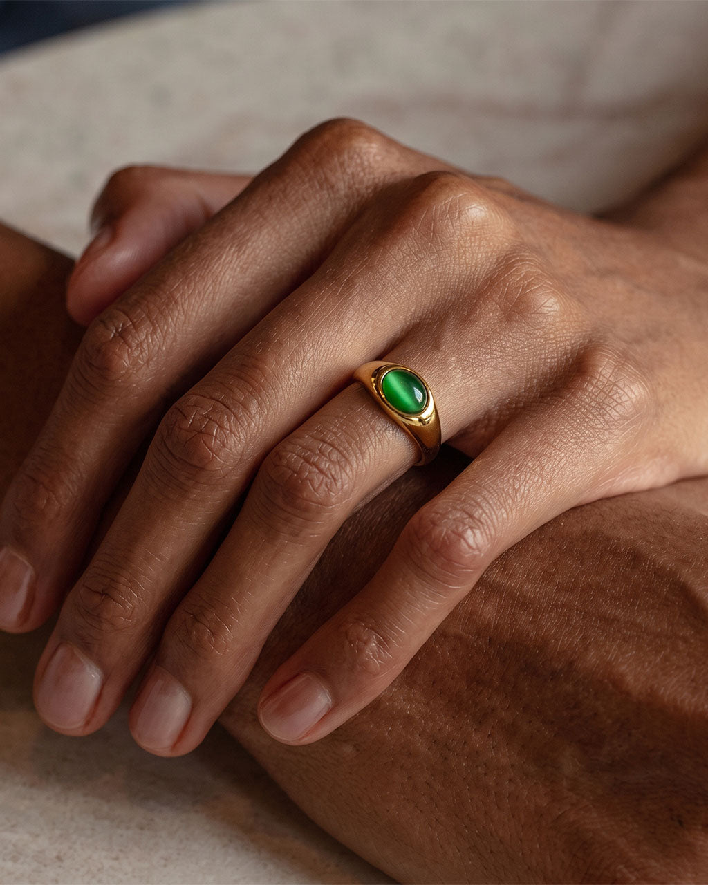 Green Cat Eye Oval Cabochon Dome Waterproof Gold Ring
