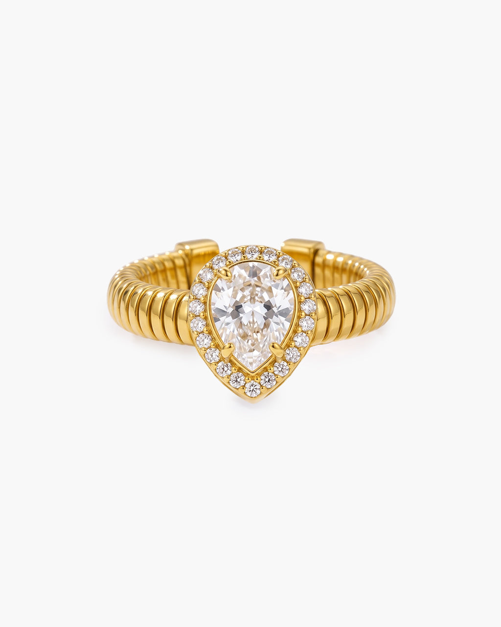 Halo Simulated Diamond Ribbed Open Waterproof Gold Ring