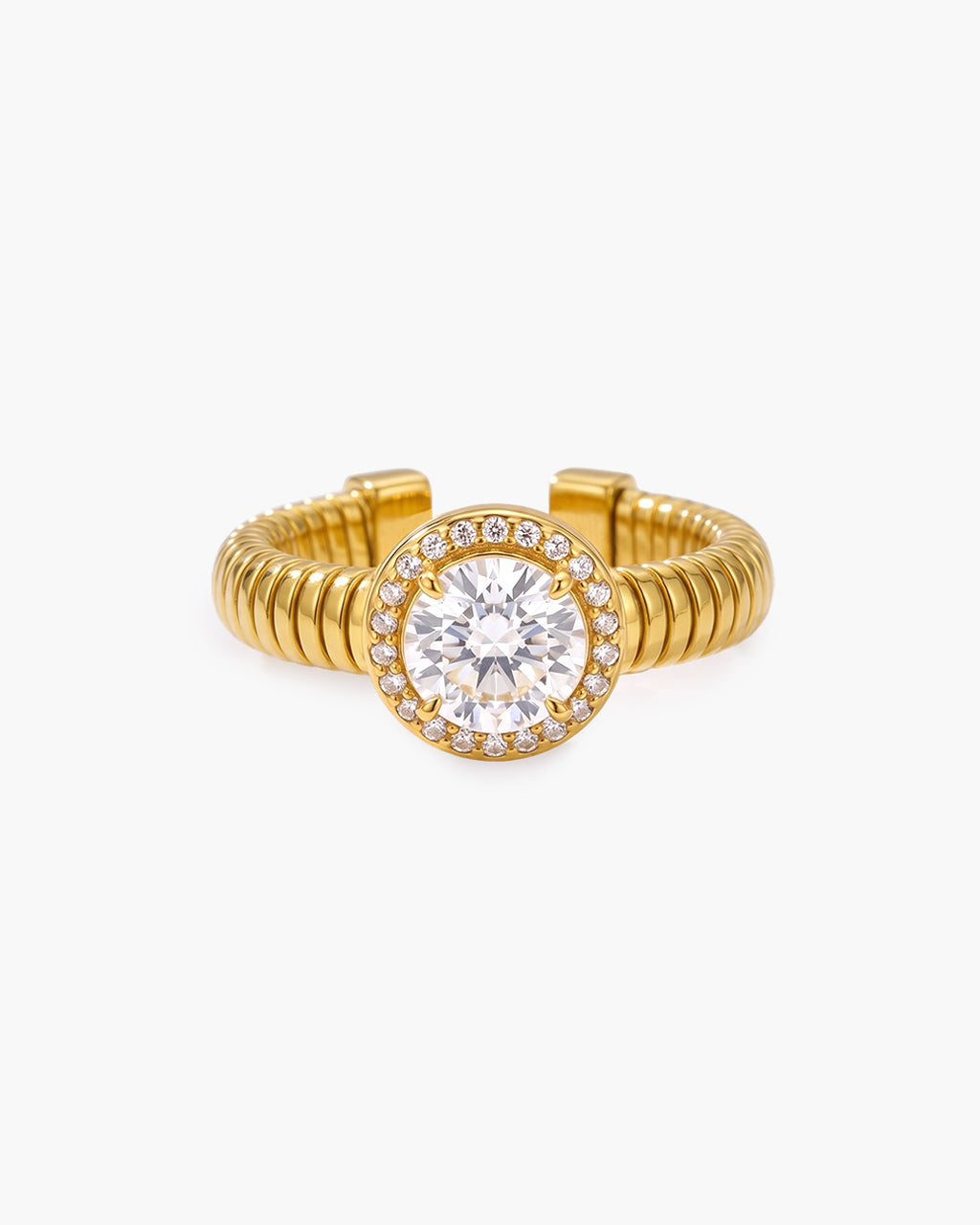 Halo Simulated Diamond Ribbed Open Waterproof Gold Ring