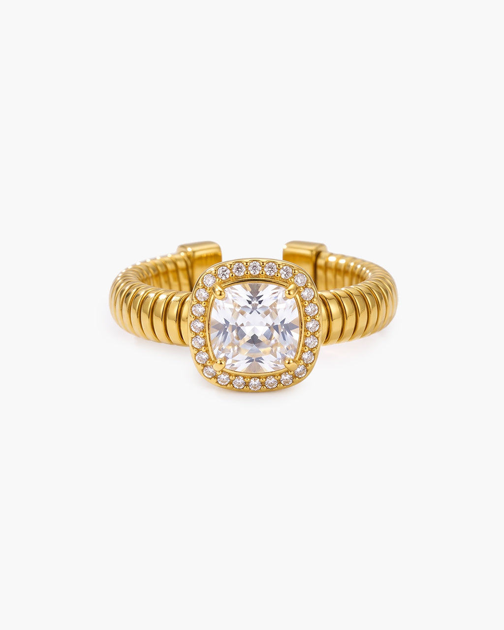 Halo Simulated Diamond Ribbed Open Waterproof Gold Ring