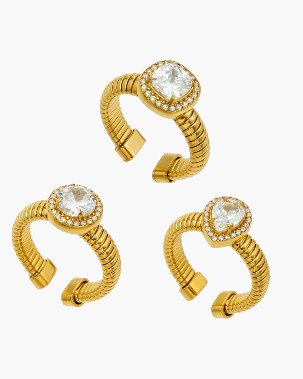 Halo Simulated Diamond Ribbed Open Waterproof Gold Ring