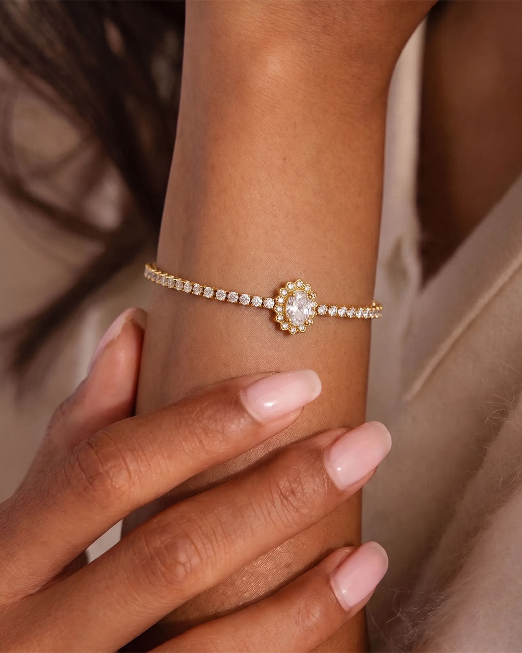 Halo Simulated Diamond Tennis Waterproof Gold Bracelet