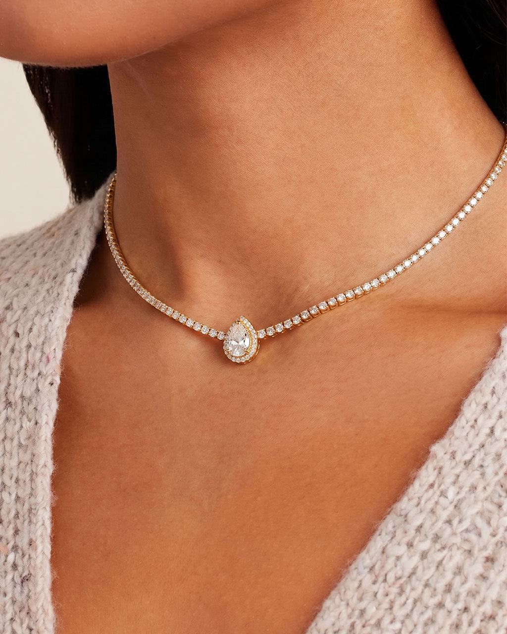 Halo Simulated Diamond Tennis Waterproof Gold Necklace