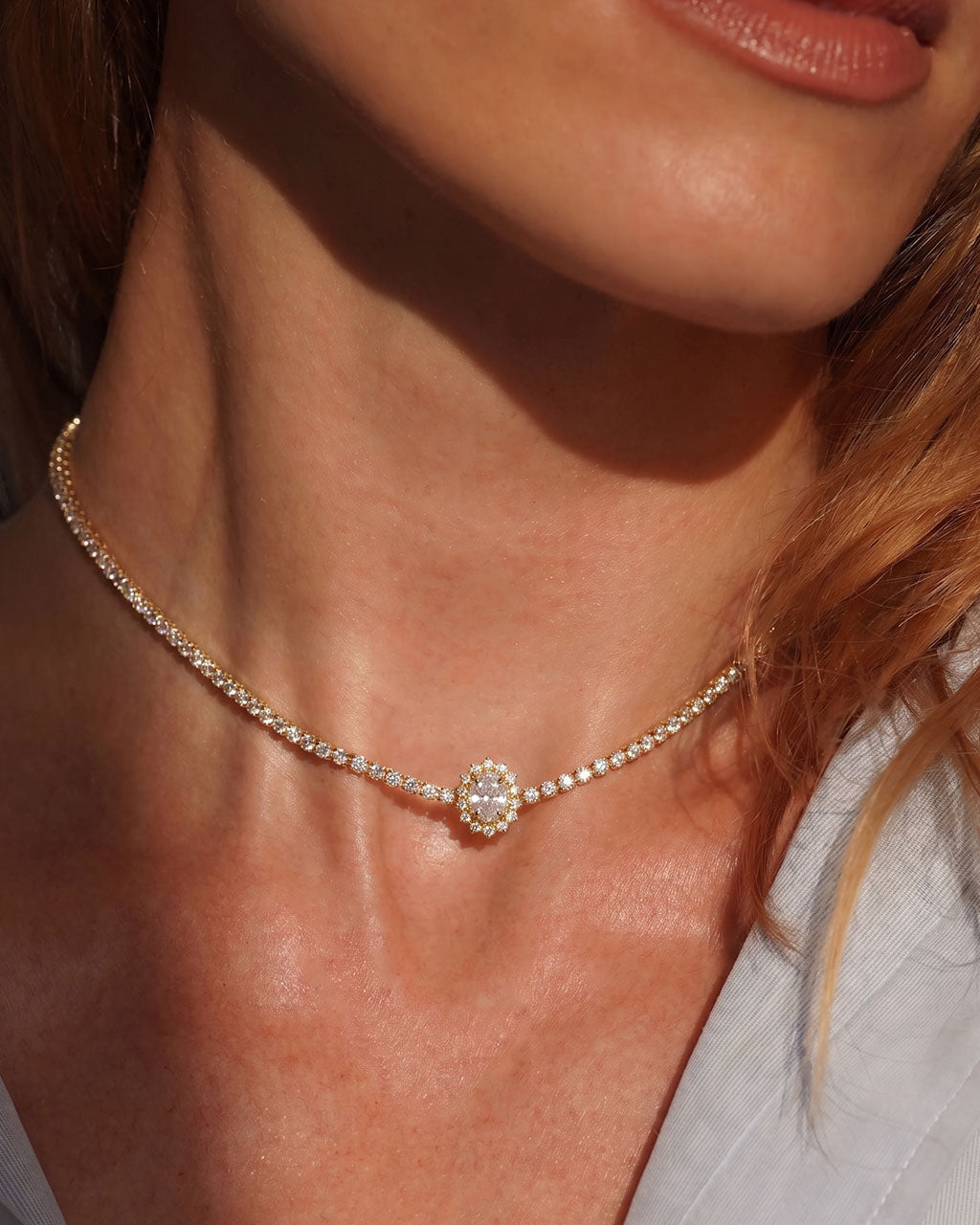 Halo Simulated Diamond Tennis Waterproof Gold Necklace